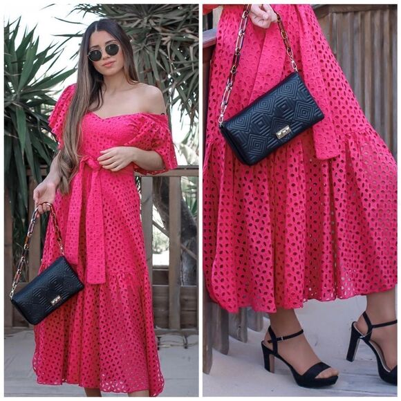 ZARA Fuchsia Openwork Embroidered Midi Dress New - Picture 1 of 7